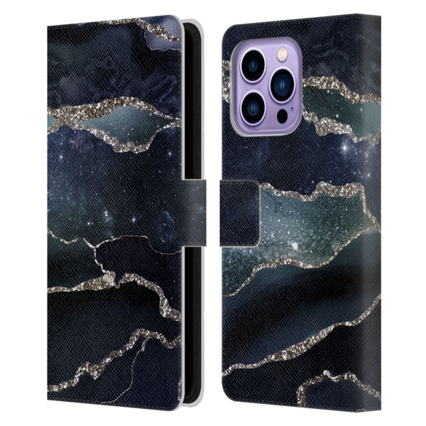 UtArt Dark Night Marble Silver Midnight Sky Leather Book Wallet Case Cover For Apple iPhone 14 Pro Max