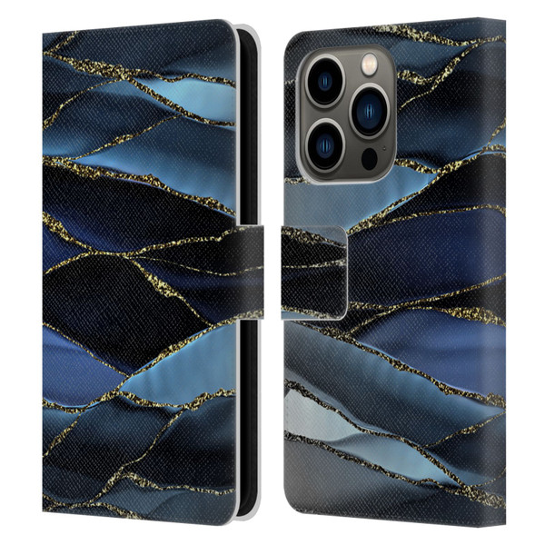 UtArt Dark Night Marble Deep Sparkle Waves Leather Book Wallet Case Cover For Apple iPhone 14 Pro