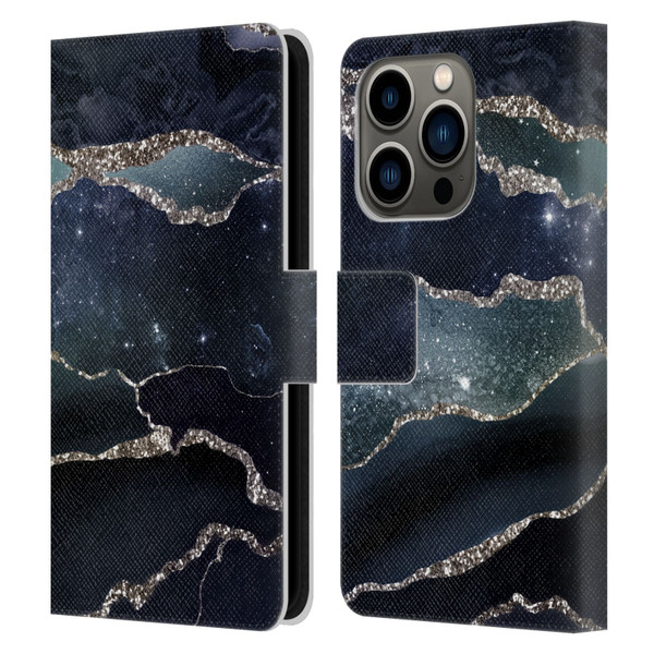 UtArt Dark Night Marble Silver Midnight Sky Leather Book Wallet Case Cover For Apple iPhone 14 Pro