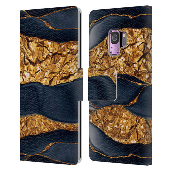 UtArt Dark Night Marble Gold Foil And Ink Leather Book Wallet Case Cover For Samsung Galaxy S9