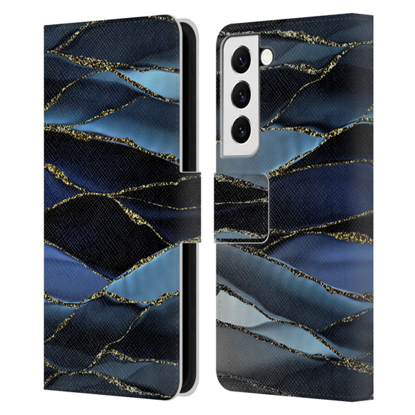 UtArt Dark Night Marble Deep Sparkle Waves Leather Book Wallet Case Cover For Samsung Galaxy S22 5G