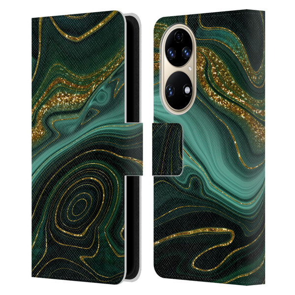 UtArt Malachite Emerald Gilded Teal Leather Book Wallet Case Cover For Huawei P50