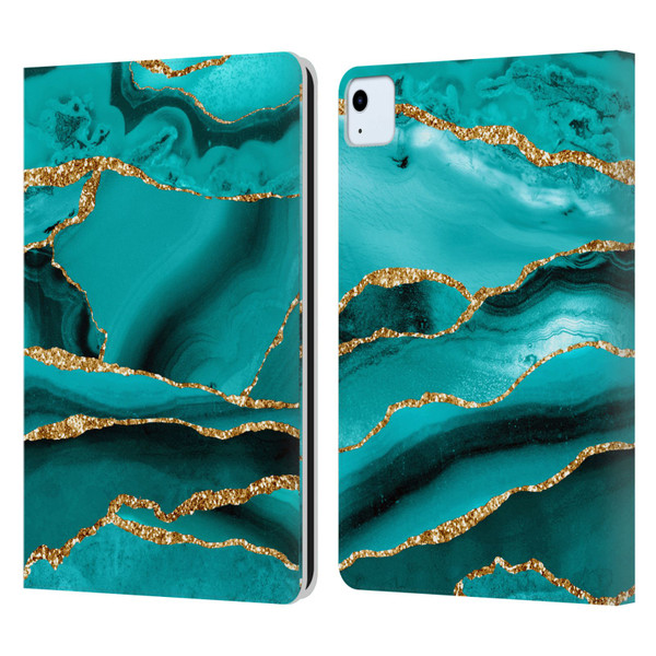 UtArt Malachite Emerald Aquamarine Gold Waves Leather Book Wallet Case Cover For Apple iPad Air 11 2020/2022/2024