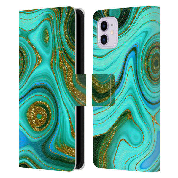 UtArt Malachite Emerald Liquid Gem Leather Book Wallet Case Cover For Apple iPhone 11