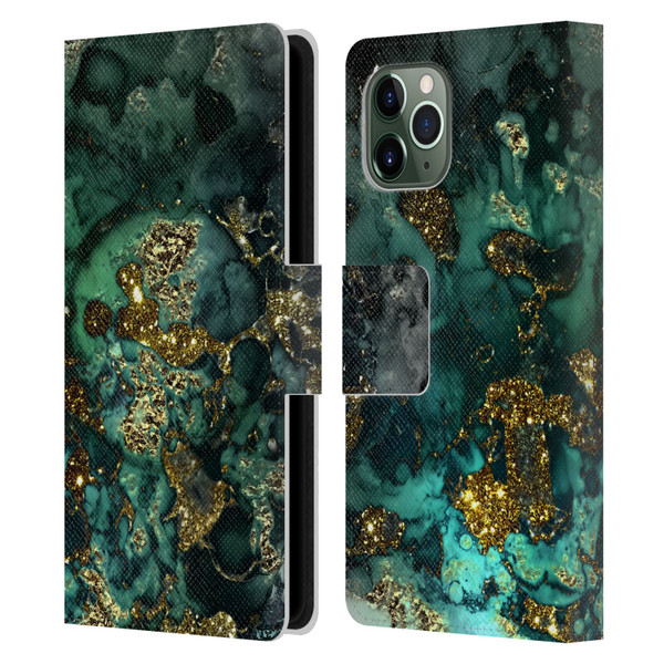UtArt Malachite Emerald Gold And Seafoam Green Leather Book Wallet Case Cover For Apple iPhone 11 Pro
