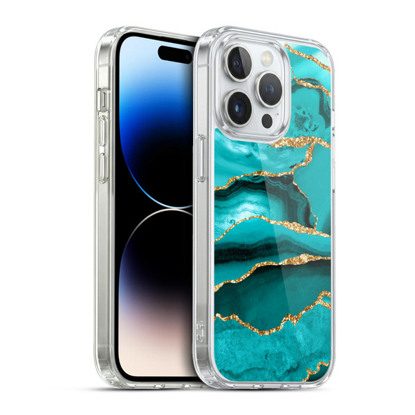 UtArt Malachite Emerald Aquamarine Gold Waves Soft Gel Case for Apple iPhone 13 Pro & MagSafe