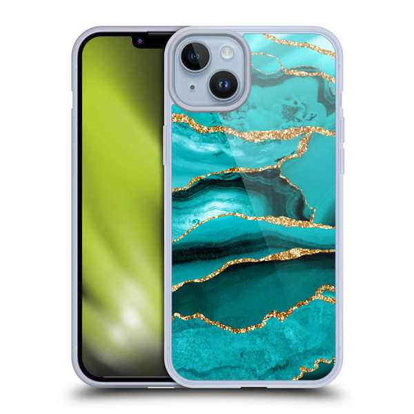 UtArt Malachite Emerald Aquamarine Gold Waves Soft Gel Case for Apple iPhone 14 Plus