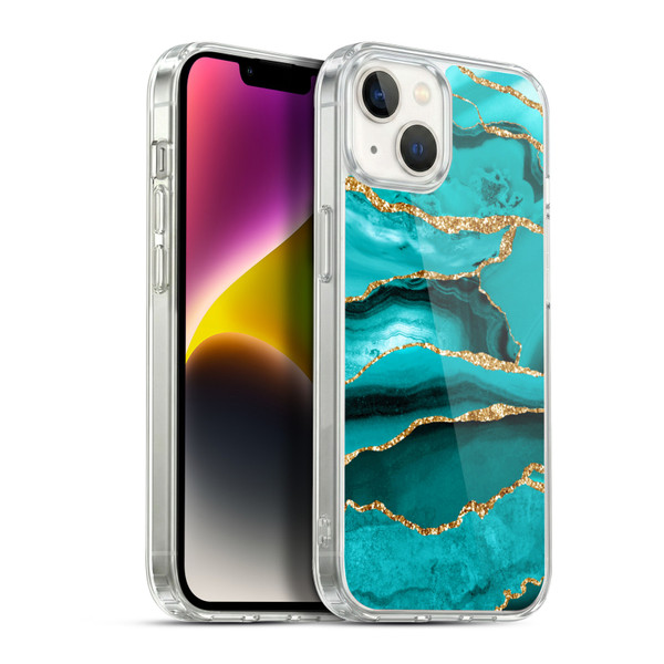 UtArt Malachite Emerald Aquamarine Gold Waves Soft Gel Case for Apple iPhone 14 Plus & MagSafe