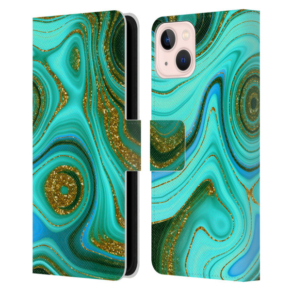 UtArt Malachite Emerald Liquid Gem Leather Book Wallet Case Cover For Apple iPhone 13
