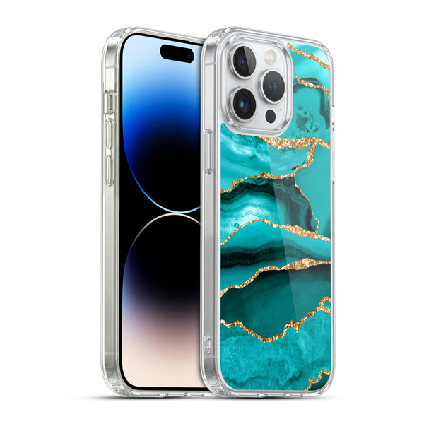 UtArt Malachite Emerald Aquamarine Gold Waves Soft Gel Case for Apple iPhone 14 Pro Max & MagSafe
