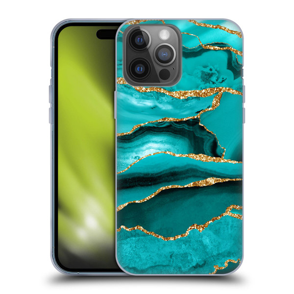 UtArt Malachite Emerald Aquamarine Gold Waves Soft Gel Case for Apple iPhone 14 Pro Max