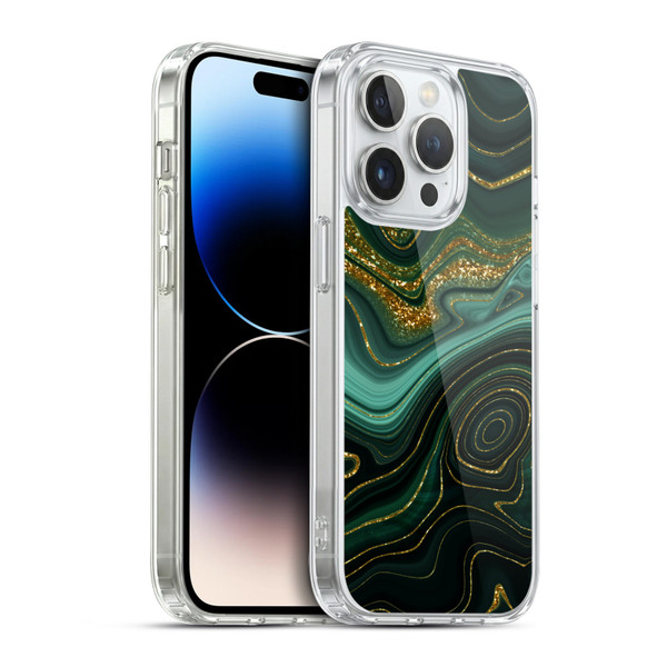 UtArt Malachite Emerald Gilded Teal Soft Gel Case for Apple iPhone 14 Pro & MagSafe