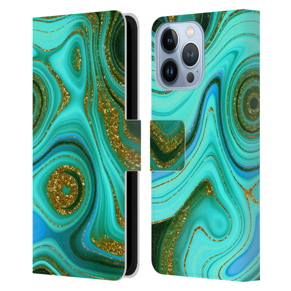 UtArt Malachite Emerald Liquid Gem Leather Book Wallet Case Cover For Apple iPhone 13 Pro