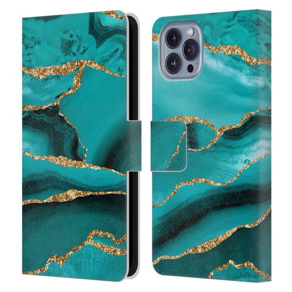 UtArt Malachite Emerald Aquamarine Gold Waves Leather Book Wallet Case Cover For Apple iPhone 14