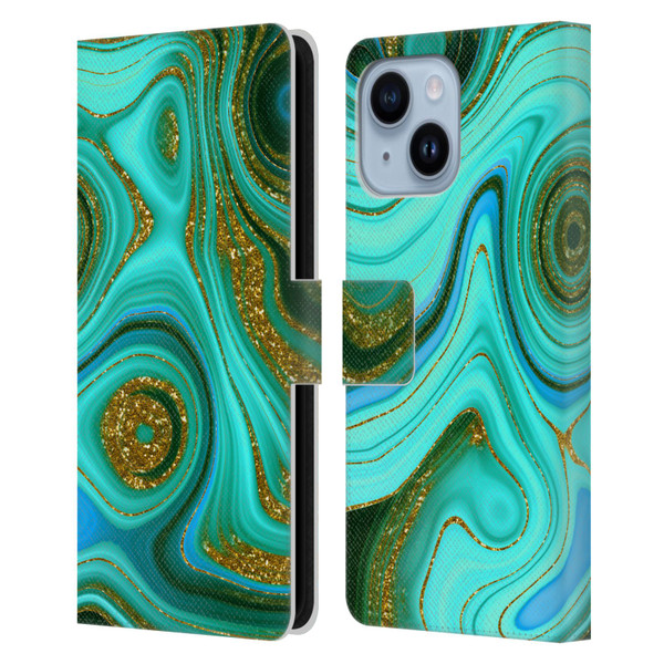 UtArt Malachite Emerald Liquid Gem Leather Book Wallet Case Cover For Apple iPhone 14 Plus