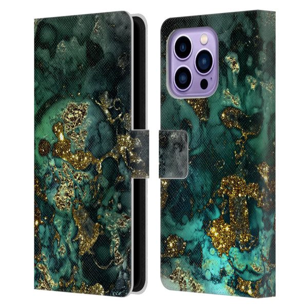 UtArt Malachite Emerald Gold And Seafoam Green Leather Book Wallet Case Cover For Apple iPhone 14 Pro Max