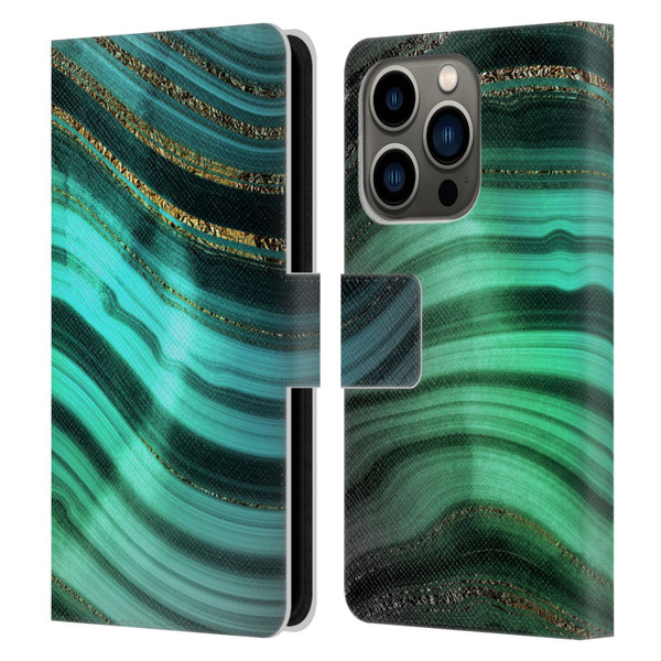 UtArt Malachite Emerald Glitter Gradient Leather Book Wallet Case Cover For Apple iPhone 14 Pro