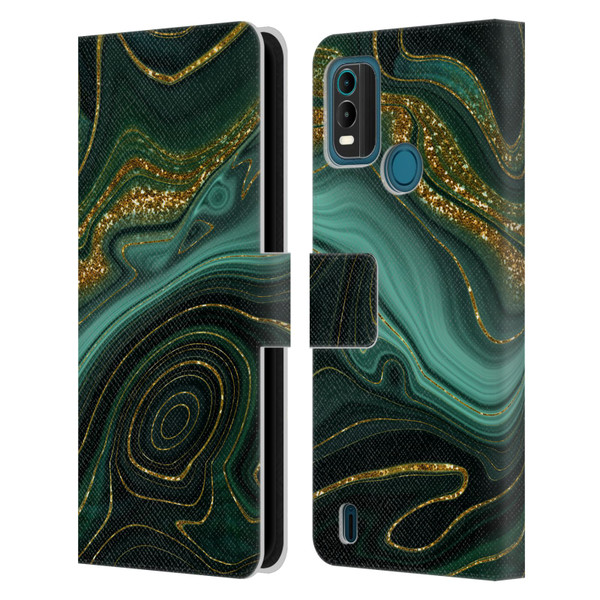 UtArt Malachite Emerald Gilded Teal Leather Book Wallet Case Cover For Nokia G11 Plus
