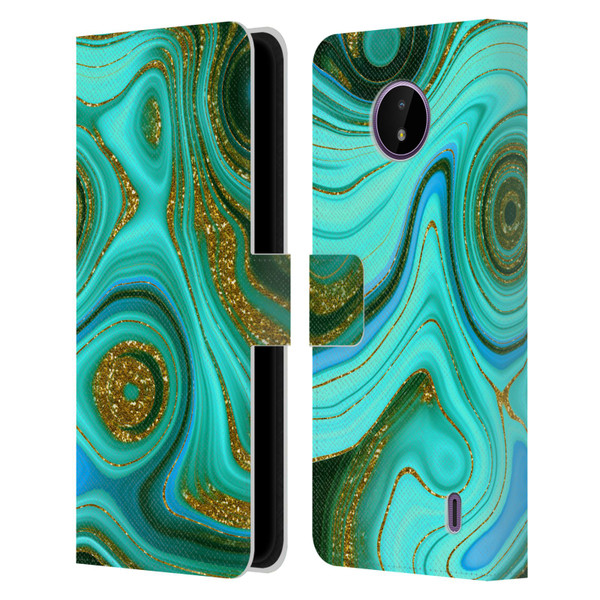 UtArt Malachite Emerald Liquid Gem Leather Book Wallet Case Cover For Nokia C10 / C20