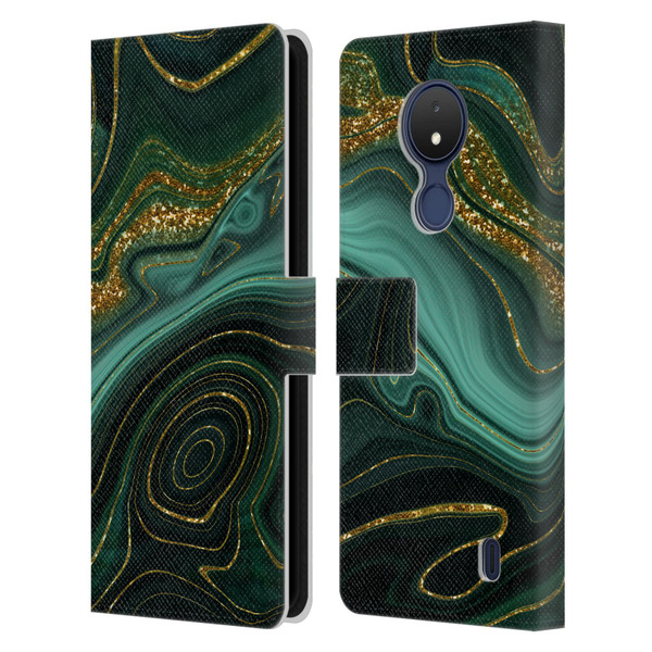 UtArt Malachite Emerald Gilded Teal Leather Book Wallet Case Cover For Nokia C21