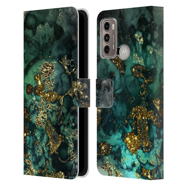 UtArt Malachite Emerald Gold And Seafoam Green Leather Book Wallet Case Cover For Motorola Moto G60 / Moto G40 Fusion