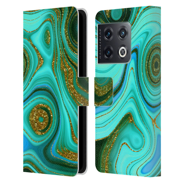 UtArt Malachite Emerald Liquid Gem Leather Book Wallet Case Cover For OnePlus 10 Pro