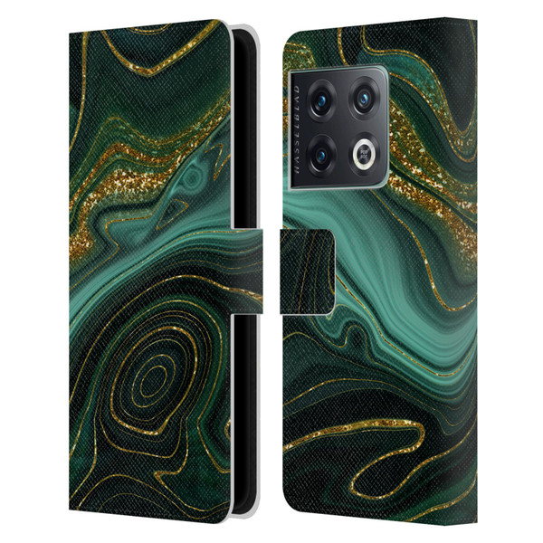 UtArt Malachite Emerald Gilded Teal Leather Book Wallet Case Cover For OnePlus 10 Pro