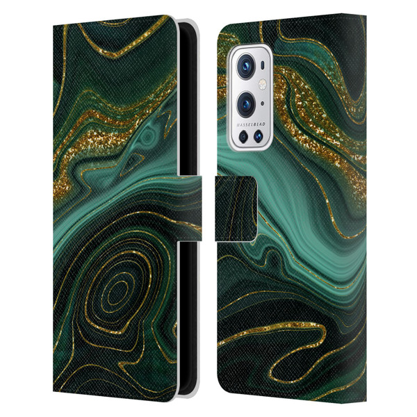 UtArt Malachite Emerald Gilded Teal Leather Book Wallet Case Cover For OnePlus 9 Pro