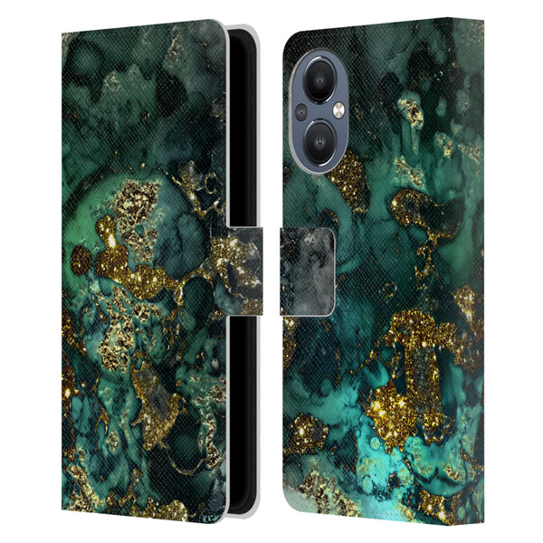 UtArt Malachite Emerald Gold And Seafoam Green Leather Book Wallet Case Cover For OnePlus Nord N20 5G