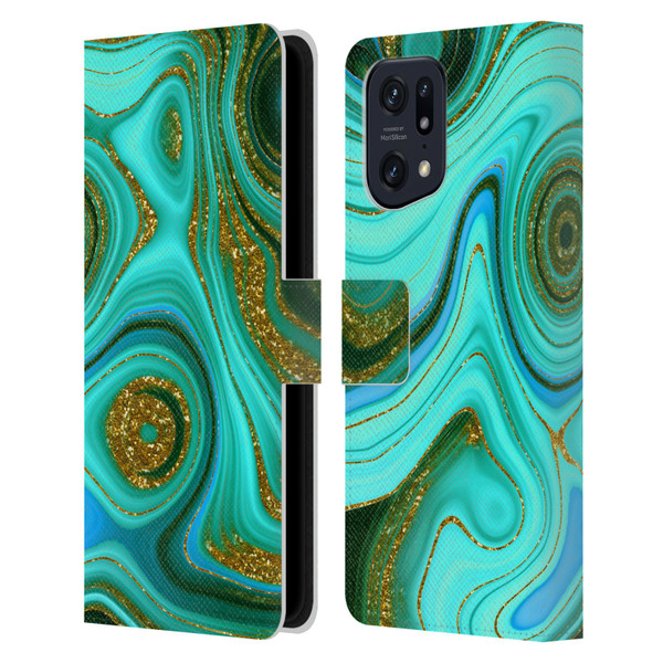 UtArt Malachite Emerald Liquid Gem Leather Book Wallet Case Cover For OPPO Find X5