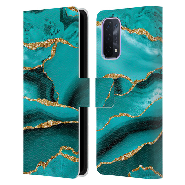 UtArt Malachite Emerald Aquamarine Gold Waves Leather Book Wallet Case Cover For OPPO A54 5G