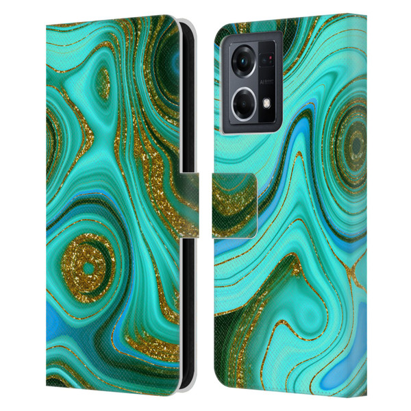 UtArt Malachite Emerald Liquid Gem Leather Book Wallet Case Cover For OPPO Reno8 4G
