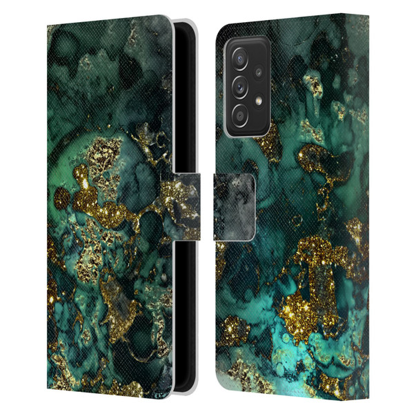 UtArt Malachite Emerald Gold And Seafoam Green Leather Book Wallet Case Cover For Samsung Galaxy A52 / A52s / 5G (2021)