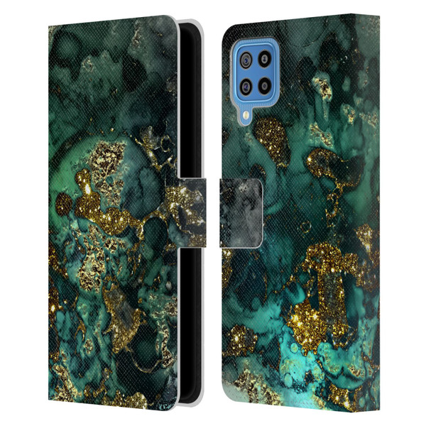 UtArt Malachite Emerald Gold And Seafoam Green Leather Book Wallet Case Cover For Samsung Galaxy F22 (2021)