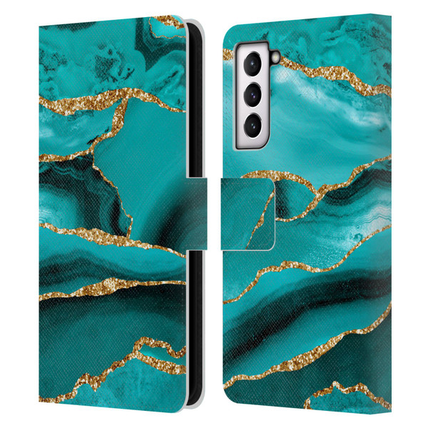 UtArt Malachite Emerald Aquamarine Gold Waves Leather Book Wallet Case Cover For Samsung Galaxy S21 5G