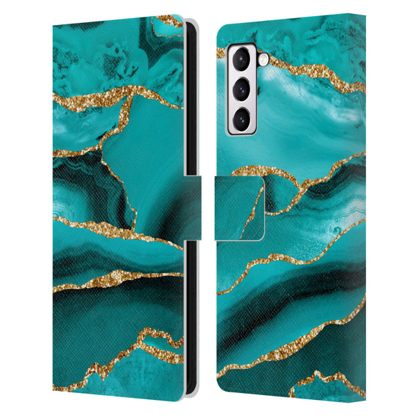 UtArt Malachite Emerald Aquamarine Gold Waves Leather Book Wallet Case Cover For Samsung Galaxy S21+ 5G
