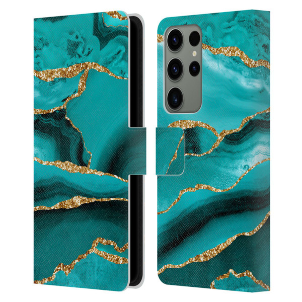 UtArt Malachite Emerald Aquamarine Gold Waves Leather Book Wallet Case Cover For Samsung Galaxy S23 Ultra 5G