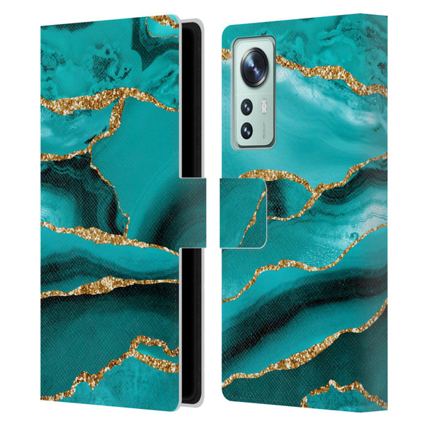 UtArt Malachite Emerald Aquamarine Gold Waves Leather Book Wallet Case Cover For Xiaomi 12