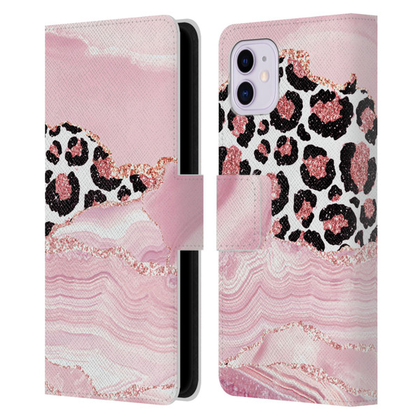 UtArt Wild Cat Marble Pink Glitter Leather Book Wallet Case Cover For Apple iPhone 11