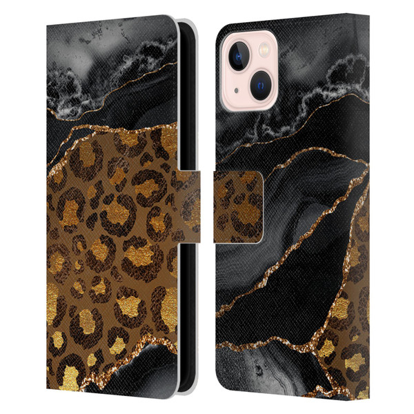 UtArt Wild Cat Marble Dark Gilded Leopard Leather Book Wallet Case Cover For Apple iPhone 13