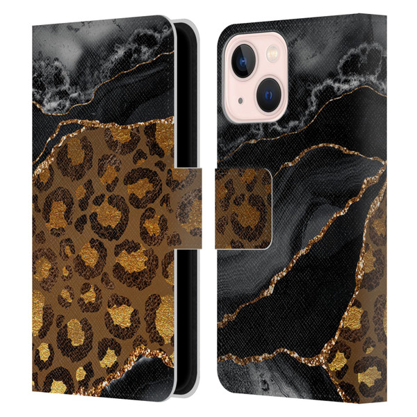 UtArt Wild Cat Marble Dark Gilded Leopard Leather Book Wallet Case Cover For Apple iPhone 13 Mini