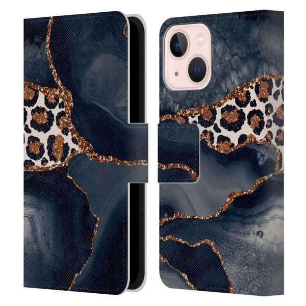 UtArt Wild Cat Marble Leopard Leather Book Wallet Case Cover For Apple iPhone 13 Mini