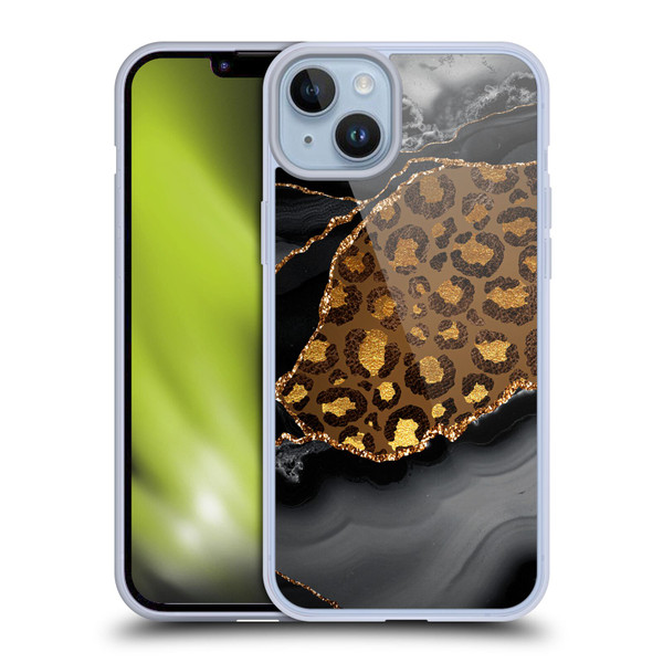 UtArt Wild Cat Marble Dark Gilded Leopard Soft Gel Case for Apple iPhone 14 Plus