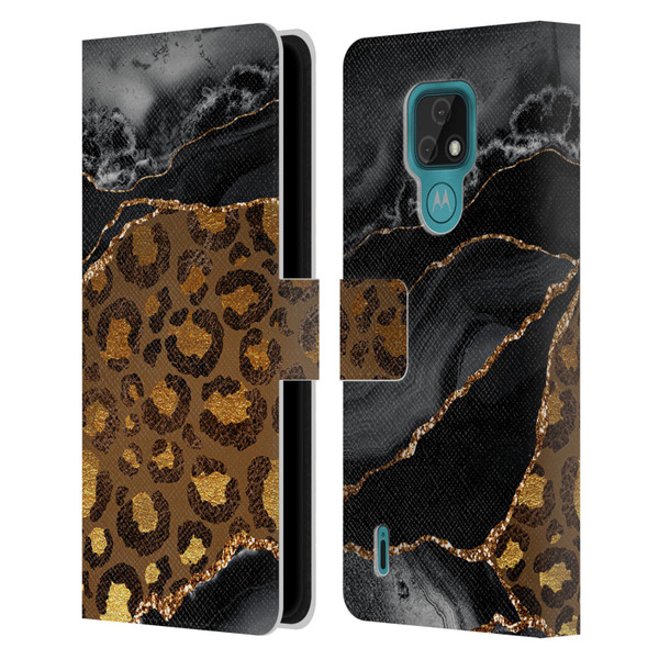 UtArt Wild Cat Marble Dark Gilded Leopard Leather Book Wallet Case Cover For Motorola Moto E7