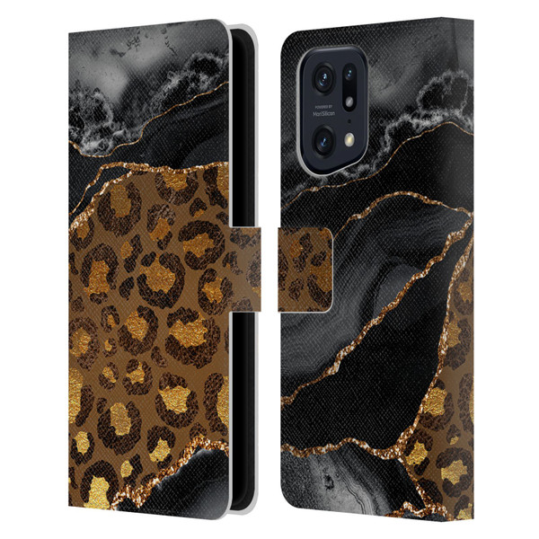 UtArt Wild Cat Marble Dark Gilded Leopard Leather Book Wallet Case Cover For OPPO Find X5 Pro