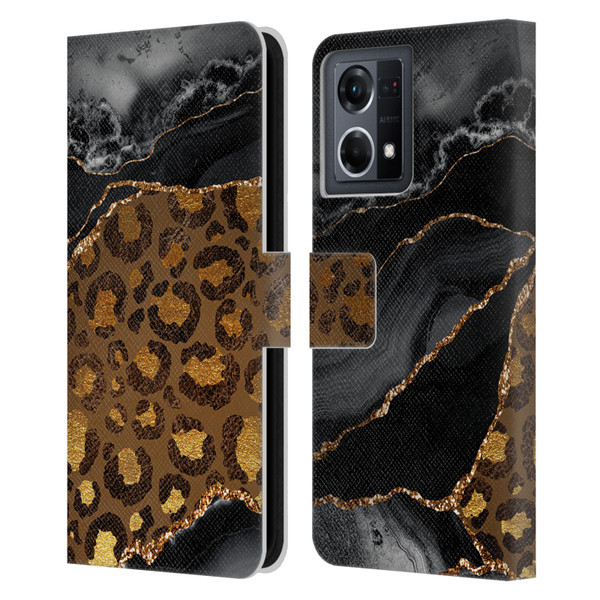 UtArt Wild Cat Marble Dark Gilded Leopard Leather Book Wallet Case Cover For OPPO Reno8 4G