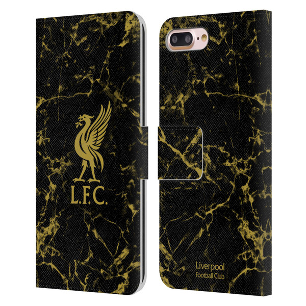 Liverpool Football Club Crest & Liverbird Patterns 1 Black & Gold Marble Leather Book Wallet Case Cover For Apple iPhone 7 Plus / iPhone 8 Plus