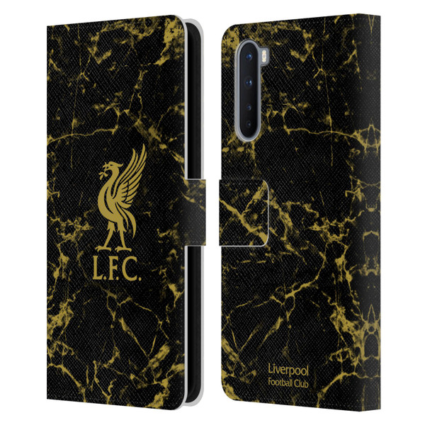 Liverpool Football Club Crest & Liverbird Patterns 1 Black & Gold Marble Leather Book Wallet Case Cover For OnePlus Nord 5G