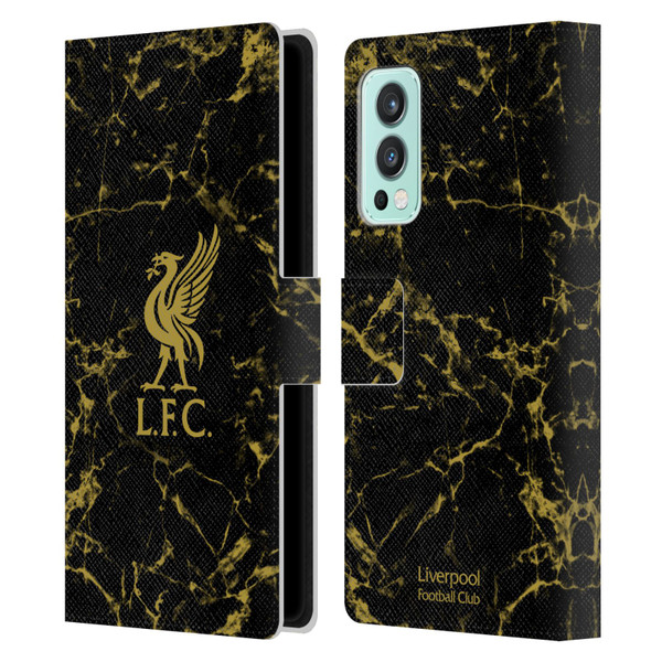 Liverpool Football Club Crest & Liverbird Patterns 1 Black & Gold Marble Leather Book Wallet Case Cover For OnePlus Nord 2 5G