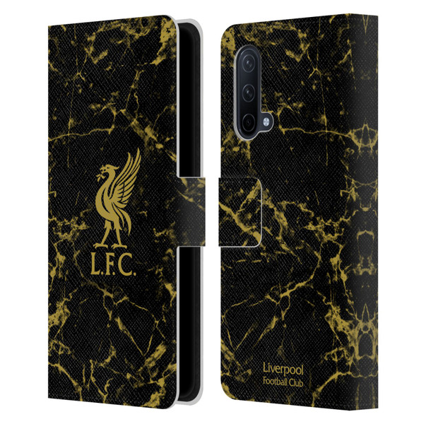 Liverpool Football Club Crest & Liverbird Patterns 1 Black & Gold Marble Leather Book Wallet Case Cover For OnePlus Nord CE 5G